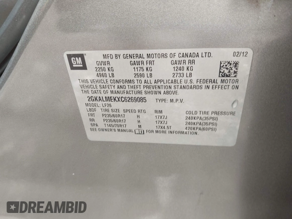 2012 GMC Terrain SLE-1 with VIN 2GKALMEKXC6269085, listed as a IAAI auction lot 42461646 with 133,288 mi miles and . Bid and sale history available at DreamBid. Image 9.