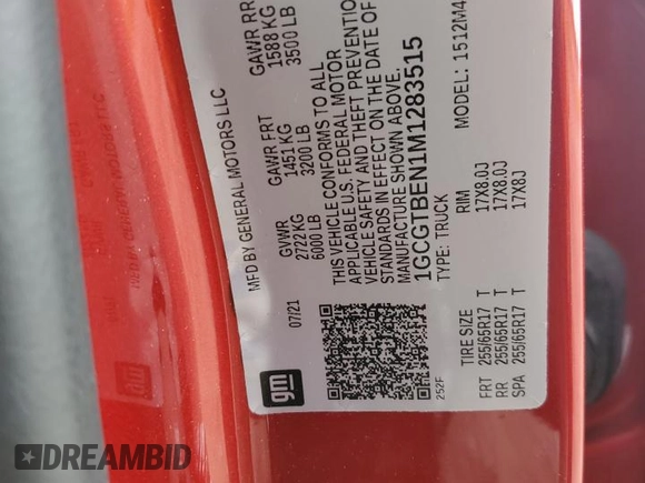 2021 Chevrolet Colorado 4WD Work Truck с VIN 1GCGTBEN1M1283515, выставлен на аукционе Copart как лот 56723975 с пробегом 16 098 миль миль и Списание • Salvage title. История ставок и продаж доступна на DreamBid. Изображение 12.