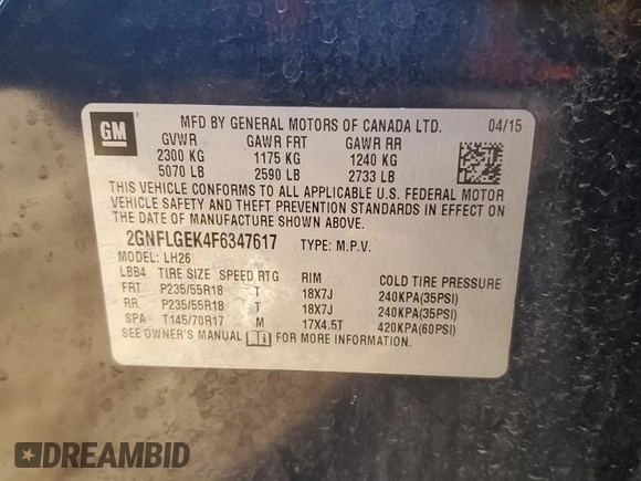 2015 Chevrolet Equinox LT with VIN 2GNFLGEK4F6347617, listed as a Copart auction lot 47423295 with 118,546 mi miles and Salvage Title. Bid and sale history available at carsss.com. Image 14.