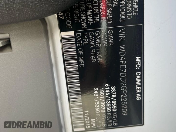 2016 Mercedes-Benz Sprinter with VIN WD4PE7DD2GP225209, listed as a Copart auction lot 48511005 with 164,719 mi miles and Clean Title. Bid and sale history available at DreamBid. Image 10.
