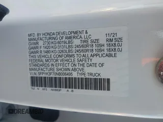 2022 Honda Ridgeline RTL-E with VIN 5FPYK3F70NB006495, listed as a Copart auction lot 57756735 with 43,874 mi miles and Salvage title. Bid and sale history available at DreamBid. Image 12.