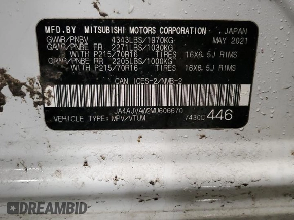 2021 Mitsubishi Outlander Sport SE with VIN JA4AJVAW2MU606670, listed as a Copart auction lot 43727945 with 96,730 mi miles and Salvage title. Bid and sale history available at DreamBid. Image 14.