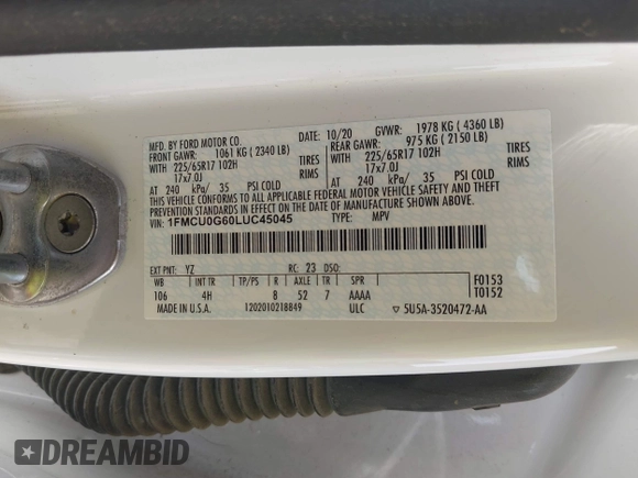 2020 Ford Escape SE with VIN 1FMCU0G60LUC45045, listed as a IAAI auction lot 42014651 with 96,202 mi miles and . Bid and sale history available at DreamBid. Image 9.