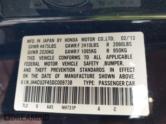 2013 Acura TSX с VIN JH4CU2F45DC009738, выставлен на аукционе IAAI как лот 42466662 с пробегом 110 977 миль миль и . История ставок и продаж доступна на DreamBid. Изображение 9.