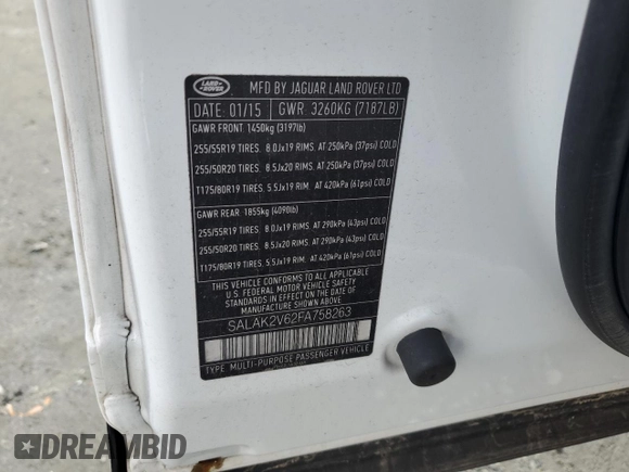 2015 Land Rover LR4 Lux with VIN SALAK2V62FA758263, listed as a Copart auction lot 78508114 with 84,481 mi miles and Salvage title. Bid and sale history available at DreamBid. Image 14.
