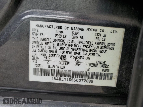 2005 Nissan Altima SE-R with VIN 1N4BL11D55C272885, listed as a Copart auction lot 71732094 with 207,633 mi miles and Salvage title. Bid and sale history available at DreamBid. Image 14.