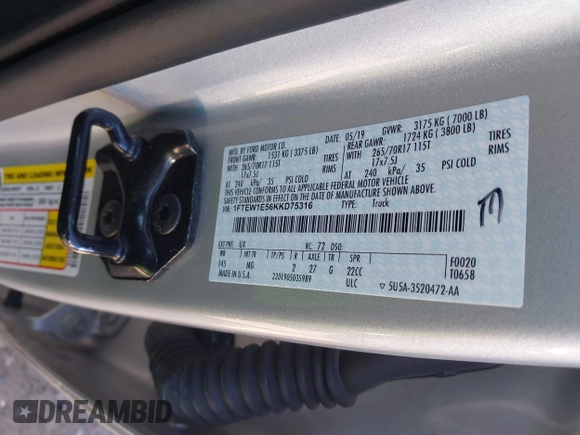 2019 Ford F-150 XL with VIN 1FTEW1E56KKD75316, listed as a IAAI auction lot 41797048 with 95,294 mi miles. Bid and sale history available at carsss.com. Image 9.