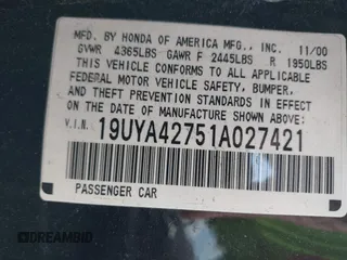 2001 Acura CL Type S with VIN 19UYA42751A027421, listed as a IAAI auction lot 41815845 with 168,157 mi miles. Bid and sale history available at carsss.com. Image 9.