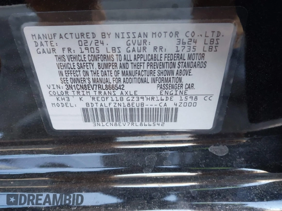 2024 Nissan Versa SV z VIN 3N1CN8EV7RL866542, wystawiony jako IAAI lot #41331827 z przebiegiem 907 mil mil oraz . Historia ofert i sprzedaży dostępna na DreamBid. Obrazek 9.