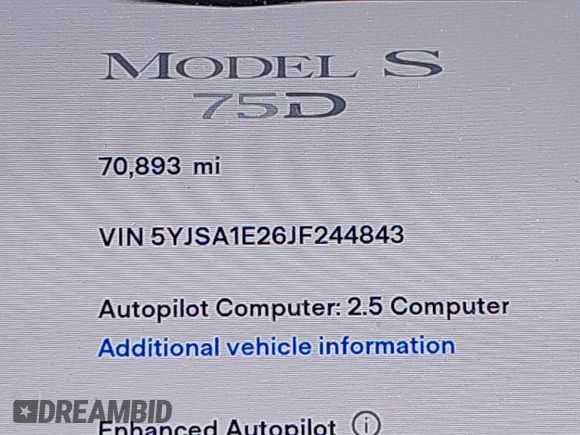 2018 Tesla Model S 75D с VIN 5YJSA1E26JF244843, выставлен на аукционе IAAI как лот 42585984 с пробегом 70 893 миль миль и . История ставок и продаж доступна на DreamBid. Изображение 15.