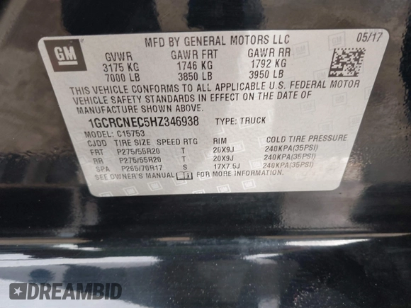 2017 Chevrolet Silverado 1500 LS with VIN 1GCRCNEC5HZ346938, listed as a IAAI auction lot 41686505 with 123,746 mi miles and . Bid and sale history available at DreamBid. Image 9.