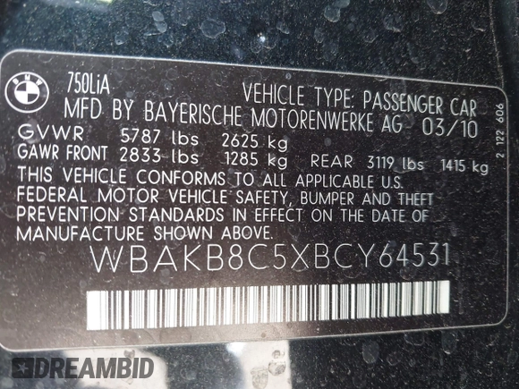 2011 BMW 7 Series 750Li с VIN WBAKB8C5XBCY64531, выставлен на аукционе IAAI как лот 42350009 с пробегом 113 893 миль миль и . История ставок и продаж доступна на DreamBid. Изображение 9.