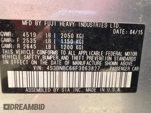 2015 Subaru Legacy 2.5i Premium with VIN 4S3BNBC66F3063827, listed as a Copart auction lot 52713323 with 113,720 mi miles. Bid and sale history available at carsss.com. Image 10.