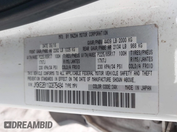2016 Mazda CX-5 Sport with VIN JM3KE2BY1G0875484, listed as a IAAI auction lot 41838122 with 166,986 mi miles. Bid and sale history available at carsss.com. Image 9.