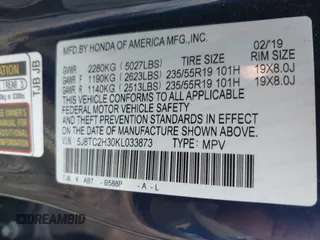 2019 Acura RDX with VIN 5J8TC2H30KL033873, listed as a IAAI auction lot 41771332 with 55,372 mi miles. Bid and sale history available at carsss.com. Image 9.