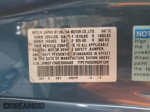 2012 Honda CR-Z EX with VIN JHMZF1D60CS003403, listed as a Copart auction lot 50653495 with 123,723 mi miles and Clean Title. Bid and sale history available at carsss.com. Image 12.