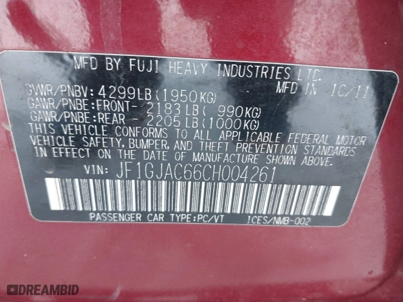 2012 Subaru Impreza Sedan 2.0i Premium with VIN JF1GJAC66CH004261, listed as a IAAI auction lot 41633853 with 170,214 mi miles. Bid and sale history available at carsss.com. Image 9.