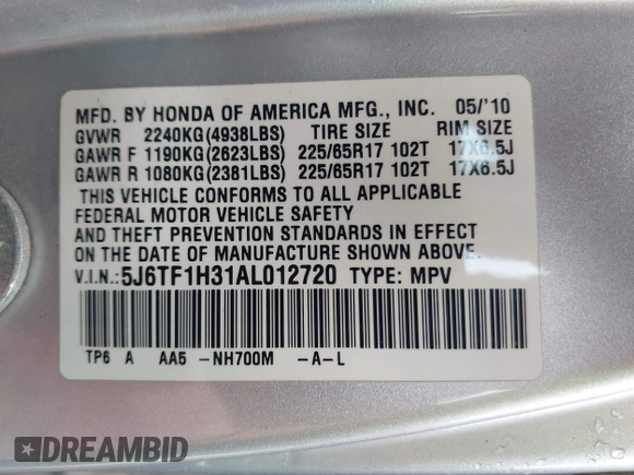 2010 Honda Accord Crosstour EX with VIN 5J6TF1H31AL012720, listed as a IAAI auction lot 41949019 with 237,333 mi miles. Bid and sale history available at carsss.com. Image 9.