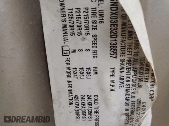2002 Chevrolet Venture Plus 1SB with VIN 1GNDX03E32D138557, listed as a Copart auction lot 58990875 with Not provided miles and Salvage title. Bid and sale history available at DreamBid. Image 13.