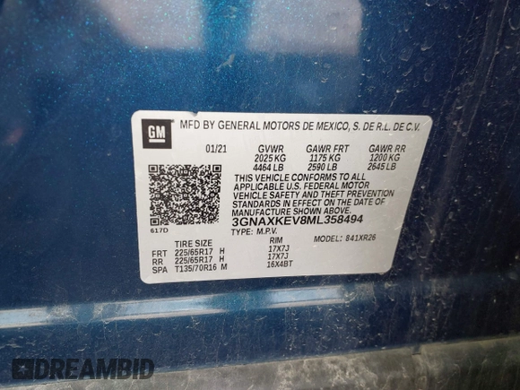 2021 Chevrolet Equinox LT z VIN 3GNAXKEV8ML358494, wystawiony jako IAAI lot #42136409 z przebiegiem 119 440 mil mil oraz . Historia ofert i sprzedaży dostępna na DreamBid. Obrazek 9.
