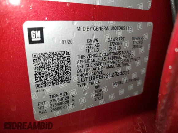 2020 GMC Sierra 1500 Denali with VIN 1GTU9FED3LZ324811, listed as a Copart auction lot 57488515 with 79,018 mi miles and Salvage title. Bid and sale history available at DreamBid. Image 12.