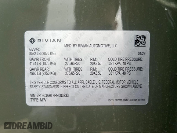 2023 Rivian R1S Launch Edition with VIN 7PDSGABL2PN003733, listed as a Copart auction lot 56033315 with 9,996 mi miles and Salvage Title. Bid and sale history available at carsss.com. Image 10.