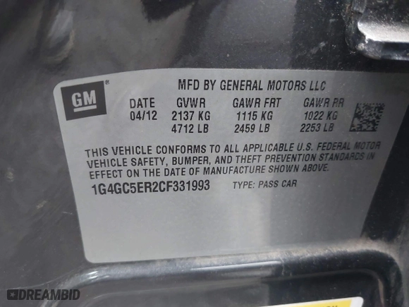 2012 Buick LaCrosse Leather with VIN 1G4GC5ER2CF331993, listed as a IAAI auction lot 41951754 with 105,937 mi miles. Bid and sale history available at carsss.com. Image 9.