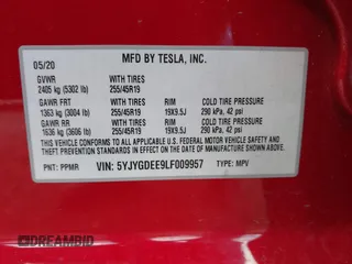 2020 Tesla Model Y Long Range with VIN 5YJYGDEE9LF009957, listed as a IAAI auction lot 41780248 with 31,053 mi miles and . Bid and sale history available at DreamBid. Image 9.