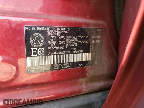2022 Toyota Venza LE with VIN JTEAAAAH1NJ093734, listed as a Copart auction lot 72231534 with 81,674 mi miles and Salvage Title. Bid and sale history available at carsss.com. Image 12.