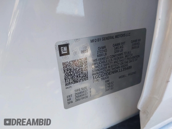 2019 Chevrolet Colorado 4WD Z71 z VIN 1GCGTDEN9K1135489, wystawiony jako IAAI lot #41752283 z przebiegiem 180 854 mil mil oraz . Historia ofert i sprzedaży dostępna na DreamBid. Obrazek 9.
