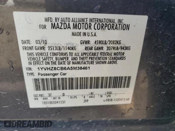 2010 Mazda 6 S Grand Touring with VIN 1YVHZ8CB6A5M38461, listed as a Copart auction lot 45760935 with 207,256 mi miles and Salvage Title. Bid and sale history available at DreamBid. Image 12.