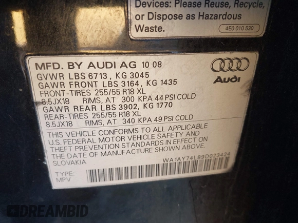 2009 Audi Q7 with VIN WA1AY74L89D023424, listed as a IAAI auction lot 41357560 with 206,381 mi miles. Bid and sale history available at carsss.com. Image 9.