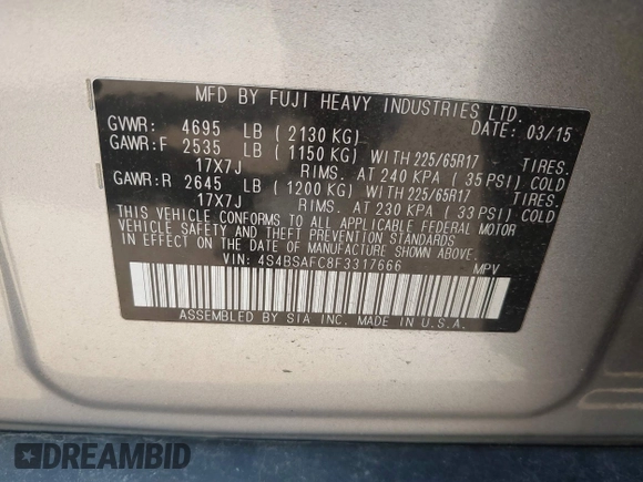 2015 Subaru Outback Premium with VIN 4S4BSAFC8F3317666, listed as a IAAI auction lot 42463473 with 88,913 mi miles and . Bid and sale history available at DreamBid. Image 9.