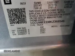 2019 Chevrolet Silverado 1500 with VIN 1GCUWEED8KZ368546, listed as a Copart auction lot 52995015 with 95,713 mi miles and Salvage Title. Bid and sale history available at DreamBid. Image 12.