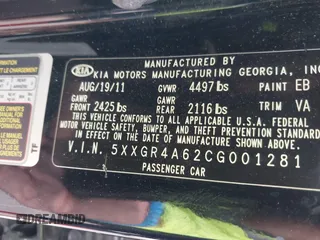 2012 Kia Optima SX with VIN 5XXGR4A62CG001281, listed as a IAAI auction lot 42076190 with 188,795 mi miles and . Bid and sale history available at carsss.com. Image 9.