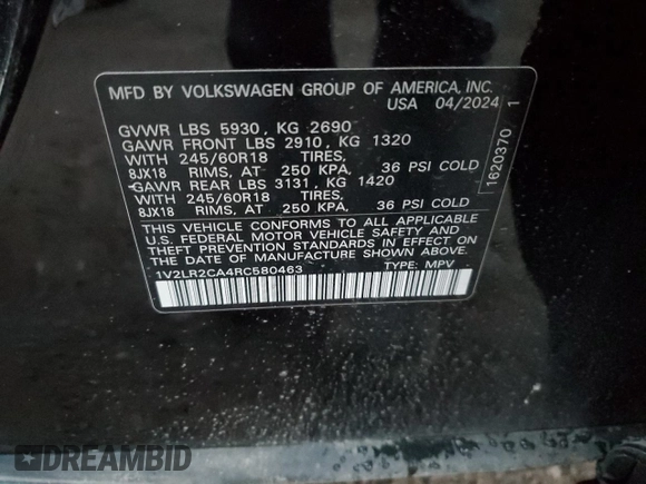 2024 Volkswagen Atlas SE with VIN 1V2LR2CA4RC580463, listed as a Copart auction lot 81372744 with 300 mi miles and Salvage title. Bid and sale history available at DreamBid. Image 13.