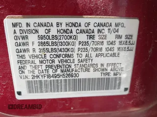 2005 Honda Pilot EX with VIN 2HKYF18495H526930, listed as a IAAI auction lot 41902628 with 128,055 mi miles. Bid and sale history available at carsss.com. Image 9.