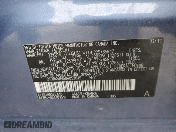 2011 Toyota RAV4 Limited with VIN 2T3DK4DV5BW052649, listed as a Copart auction lot 51754905 with 192,498 mi miles and Salvage title. Bid and sale history available at DreamBid. Image 15.