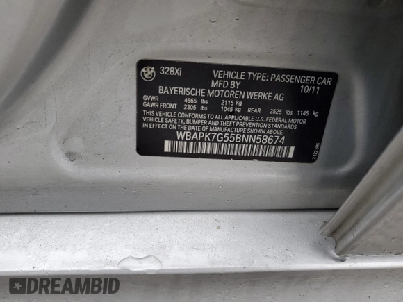 2011 BMW 3 Series 328i xDrive z VIN WBAPK7G55BNN58674, wystawiony jako Copart lot #85578814 z przebiegiem Nie podano mil oraz Szkoda całkowita • Salvage title. Historia ofert i sprzedaży dostępna na DreamBid. Obrazek 14.