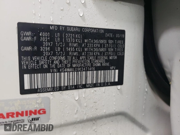 2019 Subaru Ascent Limited with VIN 4S4WMALD9K3471466, listed as a Copart auction lot 86702094 with 107,832 mi miles and Salvage title. Bid and sale history available at DreamBid. Image 13.