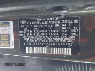 2013 Kia Sorento EX with VIN 5XYKU4A2XDG318700, listed as a IAAI auction lot 41258392 with 135,496 mi miles and . Bid and sale history available at carsss.com. Image 9.