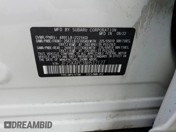 2022 Subaru Forester Limited z VIN JF2SKAPC3NH512127, wystawiony jako Copart lot #50758115 z przebiegiem 47 668 mil mil oraz Szkoda całkowita • Salvage title. Historia ofert i sprzedaży dostępna na DreamBid. Obrazek 13.
