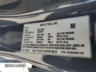 2023 Tesla Model 3 with VIN 5YJ3E1EA8PF616210, listed as a Copart auction lot 49340685 with 38,483 mi miles and Salvage Title. Bid and sale history available at DreamBid. Image 14.