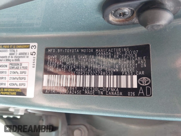 2007 Toyota Corolla CE with VIN 2T1BR32E07C788030, listed as a IAAI auction lot 41614030 with 242,519 mi miles and . Bid and sale history available at DreamBid. Image 9.