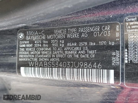 2003 BMW 3 Series 330Ci with VIN WBABS53403JU98646, listed as a Copart auction lot 82978484 with 0 mi miles and Salvage Title. Bid and sale history available at carsss.com. Image 12.
