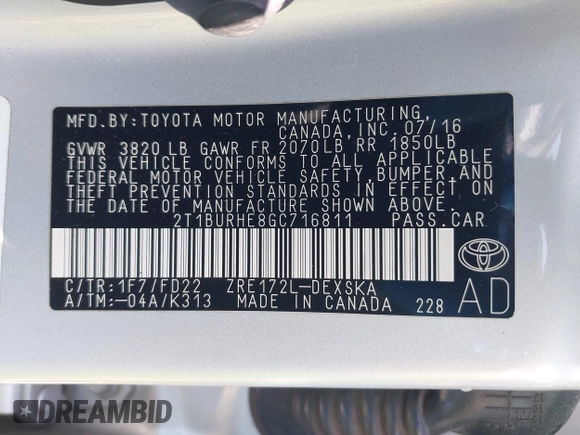 2016 Toyota Corolla L with VIN 2T1BURHE8GC716811, listed as a IAAI auction lot 42472043 with 267,802 mi miles and . Bid and sale history available at DreamBid. Image 9.