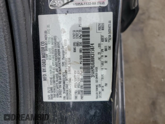 2011 Ford Fusion SEL with VIN 3FAHP0JG8BR315874, listed as a Copart auction lot 51716155 with 148,736 mi miles and Salvage Title. Bid and sale history available at carsss.com. Image 14.