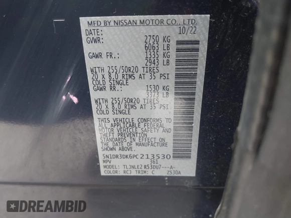2023 Nissan Pathfinder Platinum с VIN 5N1DR3DK6PC213530, выставлен на аукционе IAAI как лот 41811625 с пробегом 23 903 миль миль и . История ставок и продаж доступна на DreamBid. Изображение 9.