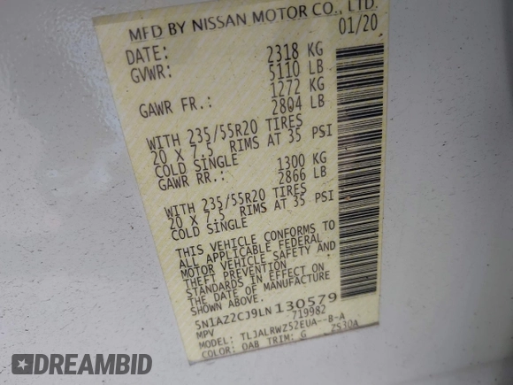 2020 Nissan Murano SL z VIN 5N1AZ2CJ9LN130579, wystawiony jako IAAI lot #41044073 z przebiegiem 74 981 mil mil oraz . Historia ofert i sprzedaży dostępna na DreamBid. Obrazek 9.