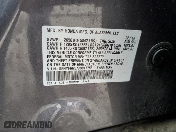 2018 Honda Pilot EX-L with VIN 5FNYF6H57JB017756, listed as a Copart auction lot 44122985 with 78,170 mi miles and Salvage Title. Bid and sale history available at carsss.com. Image 16.